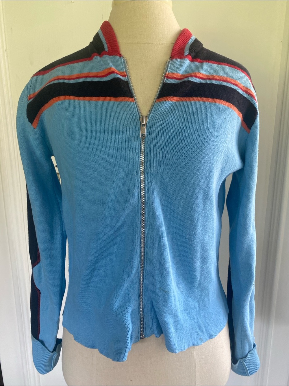 Anthropologie Light Blue Zip-Front Bomber Jacket with Stripe Accents